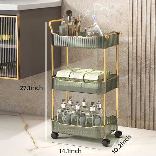 Acrylic Storage Trolley, Bathroom Kitchen Rolling Utility Cart Mobile Organization Shelves with Handle and Lockable Wheel(Green,3 Tier) - color: Green, size: 3 Tier