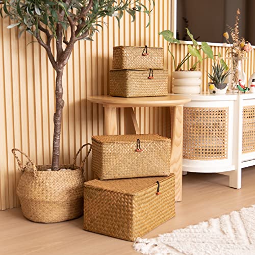4 Pack, Wicker Baskets with Lids, Natural Seagrass Storage Baskets, Woven Rectangular Basket Bins, Rattan Storage Organizer for Shelf - color: Natural, size: Set of 4