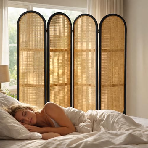 4 Panel Room Divider, Hand-Woven Rattan Room Divider Screen, Folding Privacy Screens with Double Hinges, Wooden Freestanding Wall Divider for Room Separation Bedroom Home Office - Black - color: 4 Panels Black, size: 4 Panels