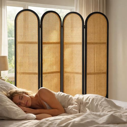 4 Panel Room Divider, Hand-Woven Rattan Room Divider Screen, Folding Privacy Screens with Double Hinges, Wooden Freestanding Wall Divider for Room Separation Bedroom Home Office - Black - color: 4 Panels Black, size: 4 Panels