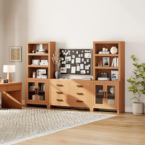 WAMPAT Entertainment Center with Bookshelves, Farmhouse TV Stand, Wood Media Console with Glass Doors and 6 Storage Drawers for Living Room, Bedroom, Mocha - color: Mocha