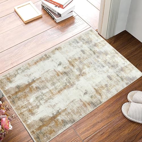 famibay 2x3 Rug Non Slip Washable Throw Rugs with Rubber Backing Modern Abstract Entryway Rug Indoor Soft Low Pile Small Rugs for Bedroom Entryway Kitchen Bathroom(Beige/Camel) - color: Beige and Camel, size: 2 x 3 feet