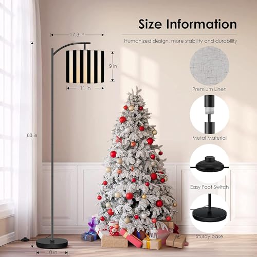 Modern Arc Floor Lamp with Dimmer Mid Century Striped Black White Metal Standing Lamp with Linen Shade Footswitch for Living Room Bedroom Office
