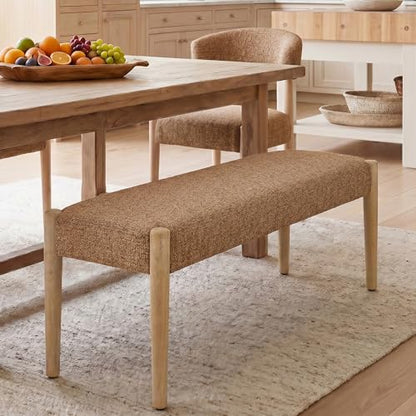 Usaint 42" End of Bed Bench with Wood Legs, Orange with Oak Leg | Modern Upholstered Bedroom Bench with Rubberwood Legs, Entryway Bench with Cushion, Dining Bench for Living Room, Bedroom - color: Orange With Oak Leg