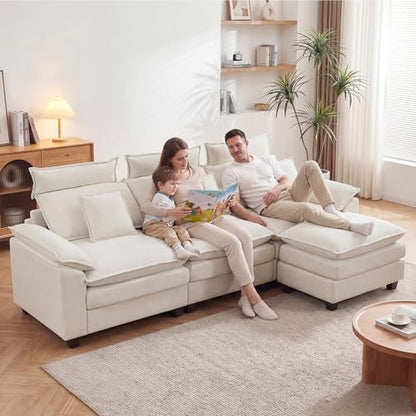103'' Modular L Shaped Sofa, Cloud Deep Seat Sofa Couch with Ottoman, Detachable Headrest, 3 Seater Sectional Sofas for Living Room, Apartment, Studio, Beige - color: Beige, size: L Shaped Couch
