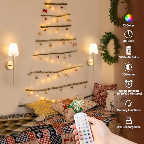 Shenmoyl Fabric Wall Sconce Battery Operated Set of 2, Rechargeable Wall Lights with 5000mAh RGB Dimmable Bulb, 12 Colors Wall Sconces for Bedroom Living Room, Gold - color: Golden