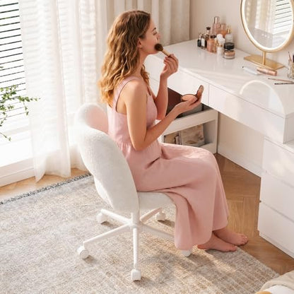 DurayLoly Vanity Chair with Open Back & Wheels,Armless | Fluffy Teddy Fabric ,Armless, Height Adjustable, for Makeup Room, Bedroom,Cream - color: Cream