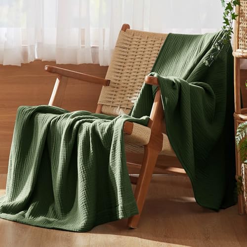 Bedsure 100% Cotton Muslin Blankets for Adults, Large Throw, Olive Green | 4-Layer Breathable,Lightweight, Soft Cooling Summer Gauze Cotton Throw Blanket for Couch, Sofa，Travel, All Season, 50"x70" - color: 01 - Olive Green, size: Throw XL (50" X 70")