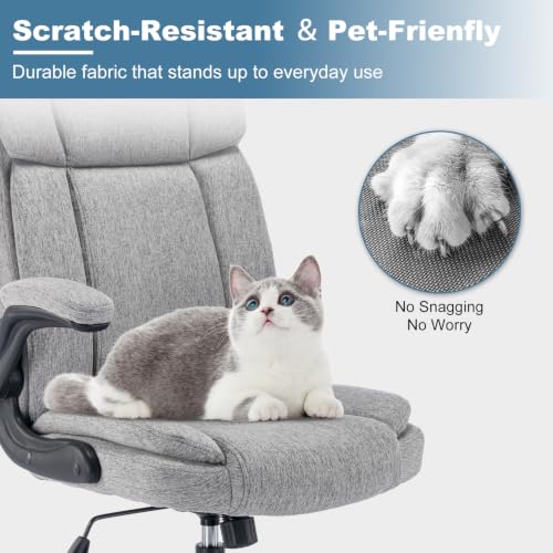 Fabric Office Chair High Back Executive Ergonomic Chair Flip Arms | Premium cloth fabric office chair with high back ergonomic support, flip-up arms, adjustable height, 90°-120° tilt function - color: Grey