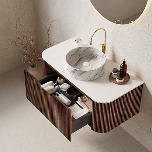 36” Floating Bathroom Vanity with Sink, Fluted Wall-Mounted Solid Wood Cabinet, White Marble-Pattern Ceramic Basin, Faux Marble Top, Soft-Close Drawer, Pre-Assembled, Walnut Woodgrain - color: 03 - Walnut Woodgrain, size: 36"