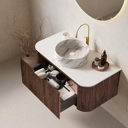 36” Floating Bathroom Vanity with Sink, Fluted Wall-Mounted Solid Wood Cabinet, White Marble-Pattern Ceramic Basin, Faux Marble Top, Soft-Close Drawer, Pre-Assembled, Walnut Woodgrain - color: 03 - Walnut Woodgrain, size: 36"