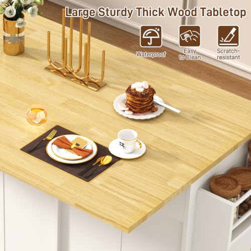 67" Large Movable Kitchen Island w/Sliding Drop Leaf,Power Outlet, Kitchen Rolling Island Cart w/ 2 Drawers, Island Table on Wheels w/ Trash Storage Cabinet,Spice Rack, Towel Bar,Garage Hook, White - color: White, size: 17.7"D x 66.9"W x 35.8"H