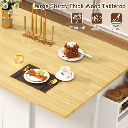 67" Large Movable Kitchen Island w/Sliding Drop Leaf,Power Outlet, Kitchen Rolling Island Cart w/ 2 Drawers, Island Table on Wheels w/ Trash Storage Cabinet,Spice Rack, Towel Bar,Garage Hook, White - color: White, size: 17.7"D x 66.9"W x 35.8"H
