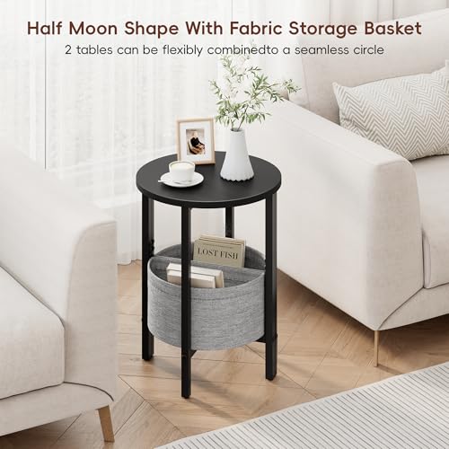 Small Round Side Table End Table, Tall Accent Table with Storage Basket, Set of 2 Half Round Tables Half Moon Tables, Coffee Bedside Tables, Modern Nightstand for Living Room Bedroom, Black - color: Black