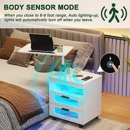 HNEBC Nightstand with Wireless Charging Station, LED Nightstand Has Adjustable Rotary Workstation,Smart Night Stand with 2 Drawers,Modern Bedside Table for Bedroom, Sensor Light/Wheel (White) - color: 9603-1-white