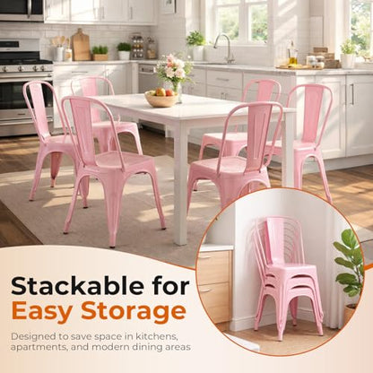 Metal Dining Chairs Set of 4 Fairy Pink Color | Pink 18inch Seat Height Kitchen Stackable Chairs for Farmhouse Bistro Patio Dining Room Outdoor - color: Fairy Pink