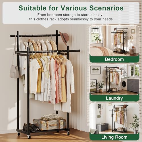 Lutown-Teen Metal Clothes Rack with Lockable Wheels, Double Rods, Black | Clothing Rack Heavy Duty with Storage Rods, 150 LB Capacity Garment Rack, Easy Assembly - color: Black, size: Double Rods