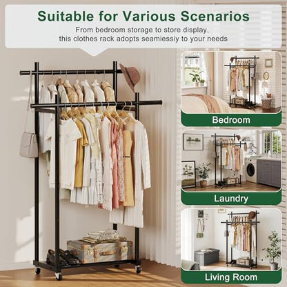 Lutown-Teen Metal Clothes Rack with Lockable Wheels, Double Rods, Black | Clothing Rack Heavy Duty with Storage Rods, 150 LB Capacity Garment Rack, Easy Assembly - color: Black, size: Double Rods