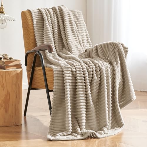 MIULEE Linen Throw Blanket 3D Ribbed Jacquard Fleece Flannel Velvet Plush Decorative Bed Blanket (Throw, 50" x 60") - Super Soft, Lightweight, Warm and Cozy for Couch Sofa - color: Linen, size: 50"x60"