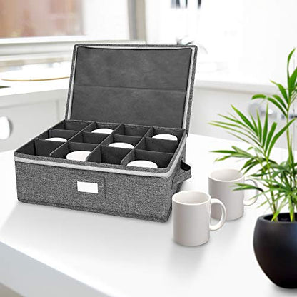 popoly Mug Storage Box with dividers, China Coffee Cup Storage Containers | Coffee Mug Storage with Rivet Reinforced Handles, Holds 12 Coffee Mugs and Tea Cups, Structured Top and Stackable (Grey) - size: 1 Pack