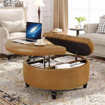 FiveWillowise 30 Inch Large Round Ottoman with Storage Circular,Camle | Leather Coffee Table with Lift Top,Modern Upholstered Button Tufted Footrest Stool Solid Wood Legs for Living Room,Bedroom - color: Camle