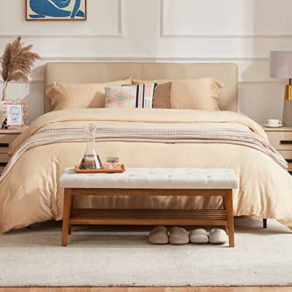 HUIMO Upholstered Entryway Shoe Bench, Button Tufted End of Bed Bench,Beige | with Solid Wood Slatted Shelf, Padded Ottoman Bench for Bedroom, Living Room, Entryway - color: Beige, style: French Country