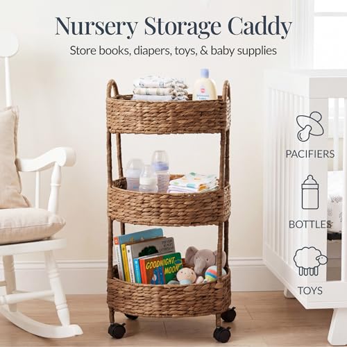 Best Choice Products 3-Tier Round Rolling Nursery Caddy w/Wheels, Handwoven Utility Cart, Storage Organization for Bathroom, Craft Room, Laundry Room - Chestnut - color: Chestnut