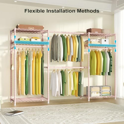 E1 Heavy Duty Closet Garment Rack, 6 Tiers Expandable Clothing Storage | Pink Adjustable Metal Freestanding Clothes Rack with 4 Hanger Rods, Easy-to-Assemble Wardrobe - color: Pink