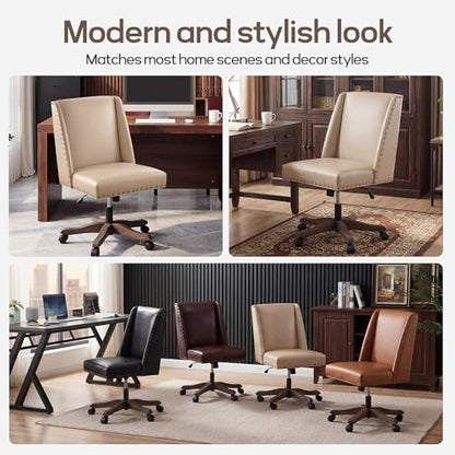 Upholstered Armless Office Chair Faux Leather Swivel Home Desk Office Chair | Modern Comfy Boho Office Chair with Wheels Adjustable Desk Chair no Arms for Sewing Women Farmhouse Study Studio PU Beige - color: Pu Beige
