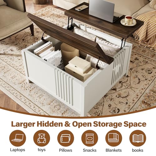 knoworld Farmhouse Lift Top Coffee Table with Storage, 35" Square Large Coffee Table with Hidden Compartment, Rustic Wood Center Table for Living Room, White