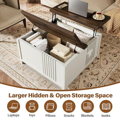 knoworld Farmhouse Lift Top Coffee Table with Storage, 35" Square Large Coffee Table with Hidden Compartment, Rustic Wood Center Table for Living Room, White