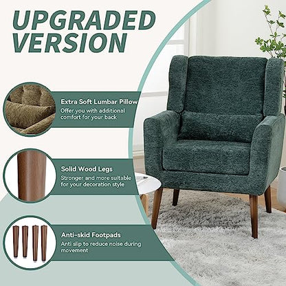 Modern Accent Chair, Upholstered Armchair with Pillow, Fabric Single Sofa Chair with Lounge Seat and Wood Legs Accent Chair for Living Room Bedroom Small Spaces (Blackish Green) - color: Blackish Green, size: Set of 1