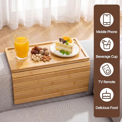Bamboo Sofa Armrest Tray, Foldable Couch Arm Tray Side Table, 2 in 1 Anti-Falling Armrest Tables Cup Holder for Snacks, Drinks, Beers, Phone, Control, Flexible and Portable, Anti-Slip - color: Bamboo