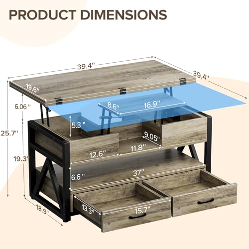40" Lift Top Coffee Table with Storage,Grey | 4 in 1 Multi-Function Lifting top Coffee Tables with Storage Drawers and Hidden Compartmen,for Living Room - color: Grey