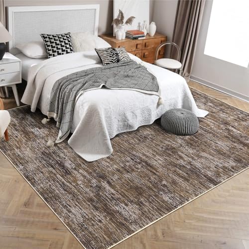 Washable Rug 10x13 for Living Room Modern Abstract Area Rug Non-Slip Large Contemporary Bedroom Rug Stain Resistant Aesthetic Accent Floor Carpet Foldable Solid Rug for Home Office, Brown - color: Brown, size: 10' x 13' (Rectangular)