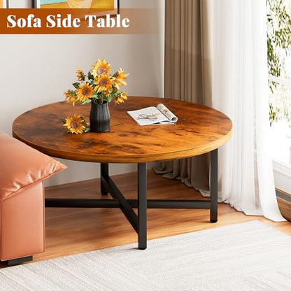 Round Coffee Table, 31.5" Brown Coffee Table, Coffee Tables for Living Room | Circle Wooden Coffee Table, Large Modern Center Table with Metal Frame for Office Apartment Home Small Space - color: 31.5"d Round Brown