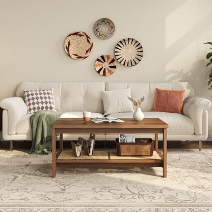 GAOMON 2-Tier Coffee Table for Living Room, Rectangular Center Table with Rattan Storage Shelf for Small Space, Easy Assembly, Walnut - color: Walnut