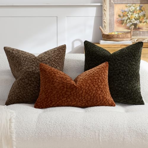 Chenille Lumbar Pillow Covers 12x20 Inch Set of 2, Chocolate Brown Textured Raised Abstract Rectangular Pillow Cases, Modern Boho Accent Pillows for Couch Sofa Bed Living Room - color: Chocolate Brown, size: 20" x 12" (Pack of 2)