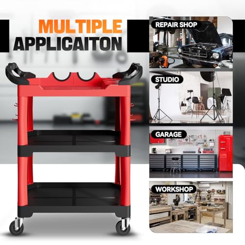 Auto Dynasty 3-Level Rolling Cart Trolley Storage Detailing Cart with Cup Holders Pegboard 120 kg/260 Lbs Capacity on Wheels Fits Garage, Warehouse, Home and Workshop, Black/Red - style: with 2 sides Pegboard