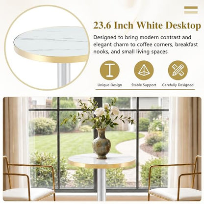 TesNus 23.6" Small Round Dining Table for 2, Circle Tulip Table, Faux Marble Top with Silver Metal Pedestal Base, Modern Leisure Coffee Table for Small Spaces, Cafe, Office, White&Silver - color: White Top&silver Base