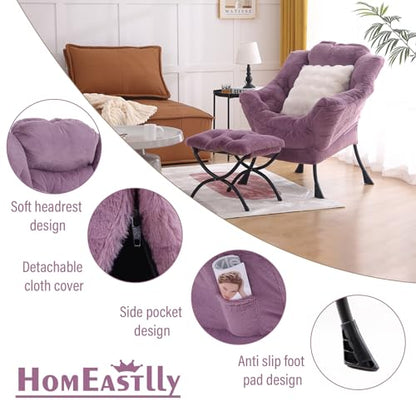 Lazy Chair with Ottoman, Plush Reading Chair with Pillow，Purple | Removable machine-washable cover; includes an extra throw pillow; cozy accent chair for living room, bedroom, dorm or office - color: Plush Purple