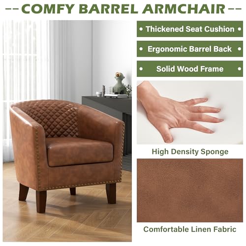 Faux Leather Accent Chair, Modern Barrel Club Chair, Brown | Comfy Upholstered Armchair for Living Room, Round Club Chair Single Sofa Bedroom Reading Seat | 26"D*29"W*29"H - color: Brown