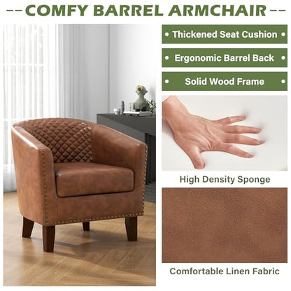 Faux Leather Accent Chair, Modern Barrel Club Chair, Brown | Comfy Upholstered Armchair for Living Room, Round Club Chair Single Sofa Bedroom Reading Seat | 26"D*29"W*29"H - color: Brown