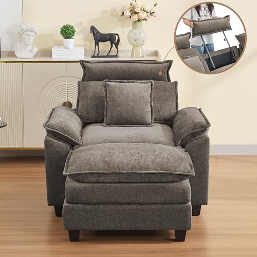 46''Cloud Oversized Sofa Chair with Detachable Headrest, Upholstered Comfy Arm Accent Chair with Ottoman,Modern Chenille Reading Lounge Armchair for Living Room,Bedroom, Brown - color: Brown, size: Oversized Chair with Ottoman