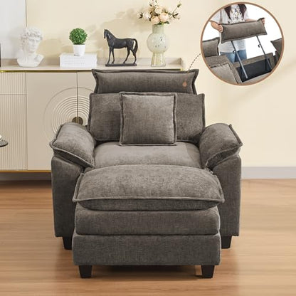 46''Cloud Oversized Sofa Chair with Detachable Headrest, Upholstered Comfy Arm Accent Chair with Ottoman,Modern Chenille Reading Lounge Armchair for Living Room,Bedroom, Brown - color: Brown, size: Oversized Chair with Ottoman