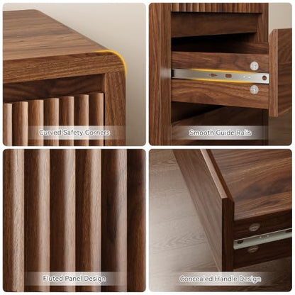 LYNSOM Fluted Nightstand Set of 2, Wood End Table with 3 Drawer, Walnut | Mid Century Modern Night Stand with Stoarge, Bedside Table with Curved Profile Design for Living Room, Office, 20" W - color: Walnut, size: 3 Drawers