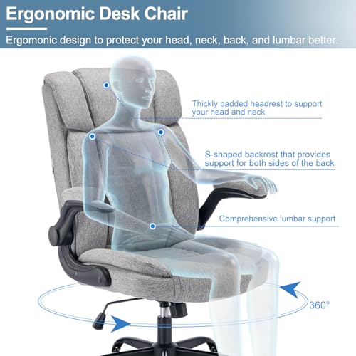 Fabric Office Chair High Back Executive Ergonomic Chair Flip Arms | Premium cloth fabric office chair with high back ergonomic support, flip-up arms, adjustable height, 90°-120° tilt function - color: Grey