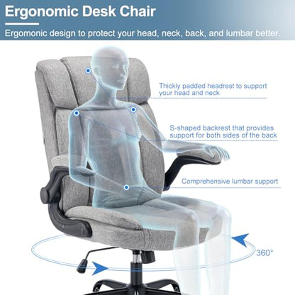 Fabric Office Chair High Back Executive Ergonomic Chair Flip Arms | Premium cloth fabric office chair with high back ergonomic support, flip-up arms, adjustable height, 90°-120° tilt function - color: Grey
