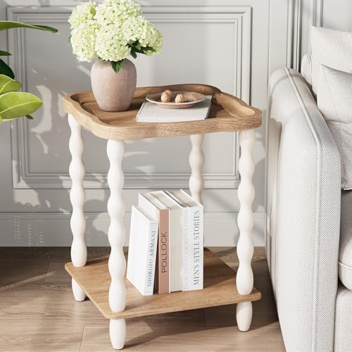 karlott Round Side Table, Square Farmhouse End Table Living Room, Beige | Pine Leg, Weathered Handcrafted Wood Nightstand, Boho Round Nightstand, Easy Assembly for Living Room, Bedroom, Small Space - size: Square Arc 2 Tier Table 18.9 Inches