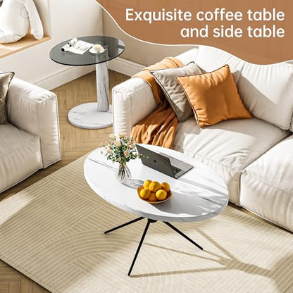 AWQM Oval Coffee Side Table Set of 2, Faux Marble Top and Modern Tempered Transparent Glass Top,Perfect for Living Room,Cafe,Home,and Office. - size: Set of 2